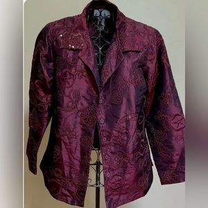Susan Graver dress jacket blazer size S satin wine sequin FALL HOLIDAY paisley.